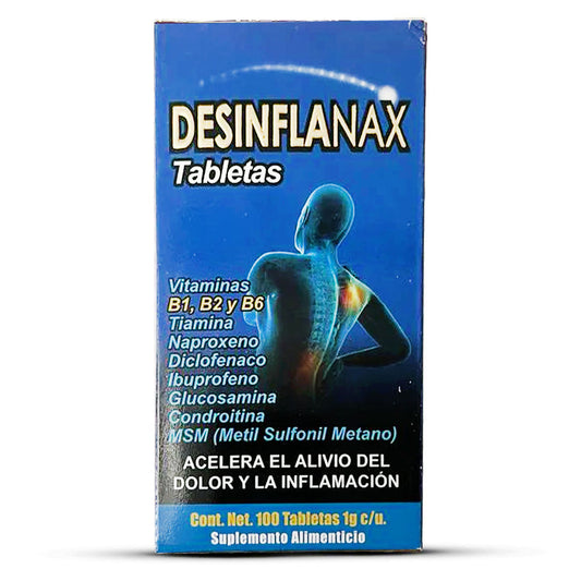 Suplemento Alimenticio Desinflanax Vitaminas B1, B2 y B6 Acelera el Alivio Del Dolor y La Inflammacion 100 Tabletas