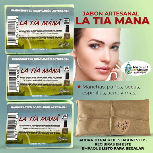 Jabon Artesanal en Barra de La Tia Mana Pack de 3 Manchas Paño Pecas Espinillas y Mas