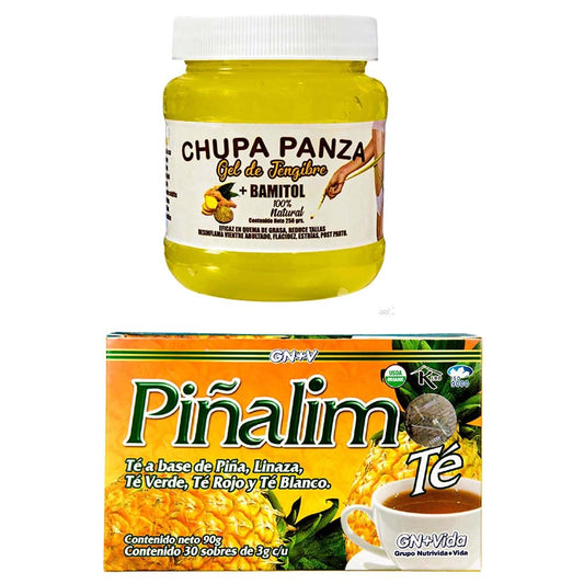 Pinalim Tea + Gel Chupa panza de jengibre y bamitol , Te de Pinalim- Pineapple, Flax, Green Tea, White Tea 30 Day Supply