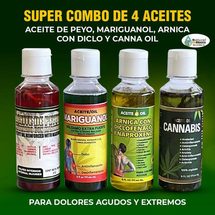 Combo Aceites de Peyote, Mariguanol , Arnica con Diclo y Hemp Oil para el Dolor